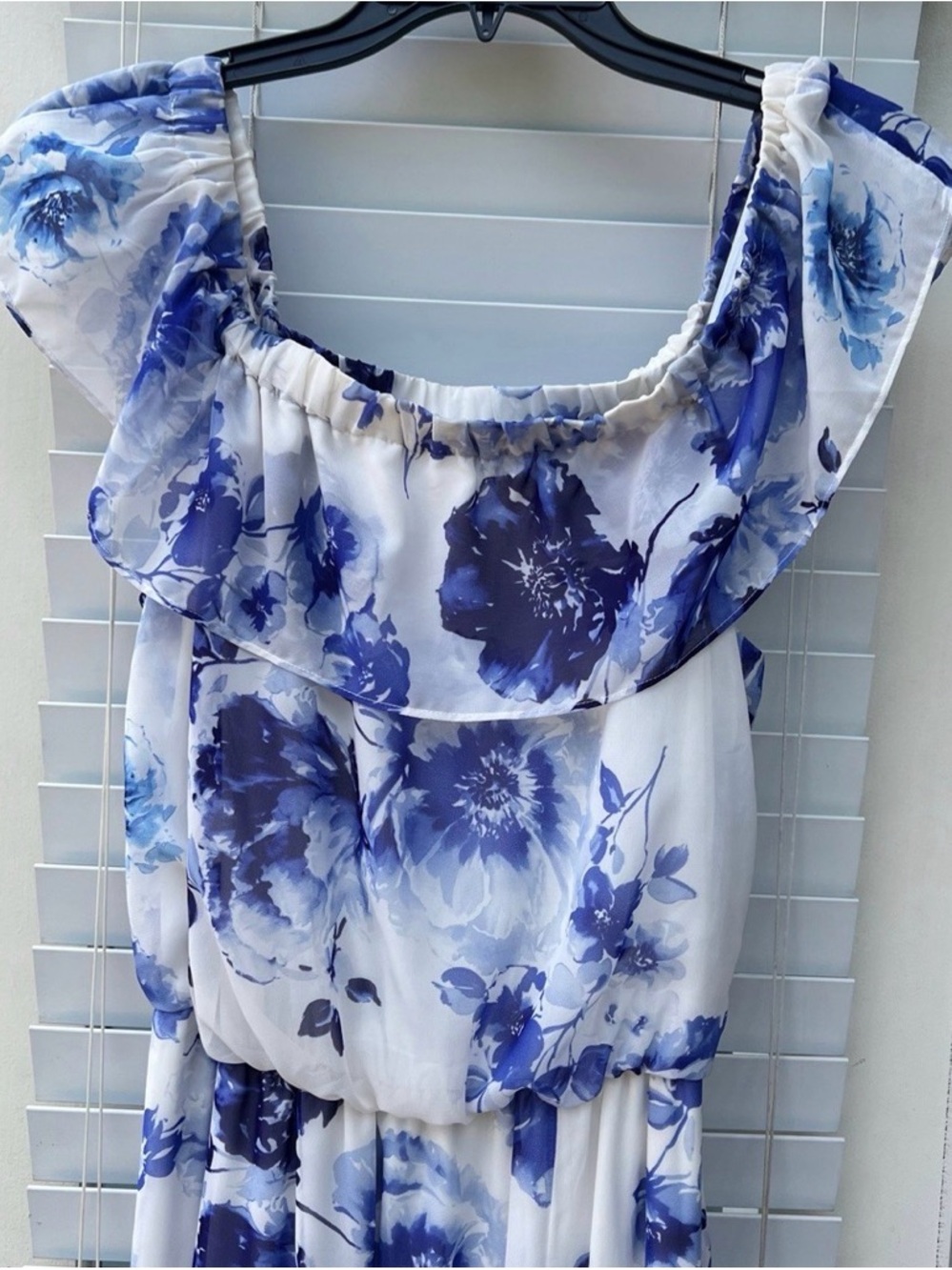 Premier Amour Blue/White Ruffled Off-The-Shoulder Floral Maxi Dress, Sz 10! 🍁